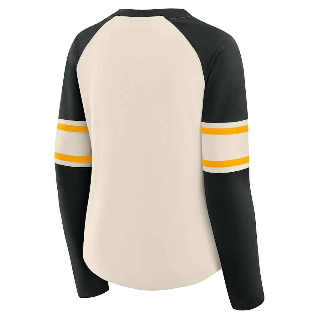 Pittsburgh Steelers Women's Hometown Gridiron Hero Raglan Lace-Up V-Neck Long Sleeve T-Shirt - Cream/Black - Fanatics