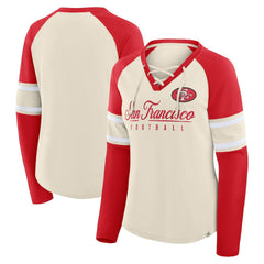 San Francisco 49ers Women's Hometown Gridiron Hero Raglan Lace-Up V-Neck Long Sleeve T-Shirt - Cream/Scarlet - Fanatics