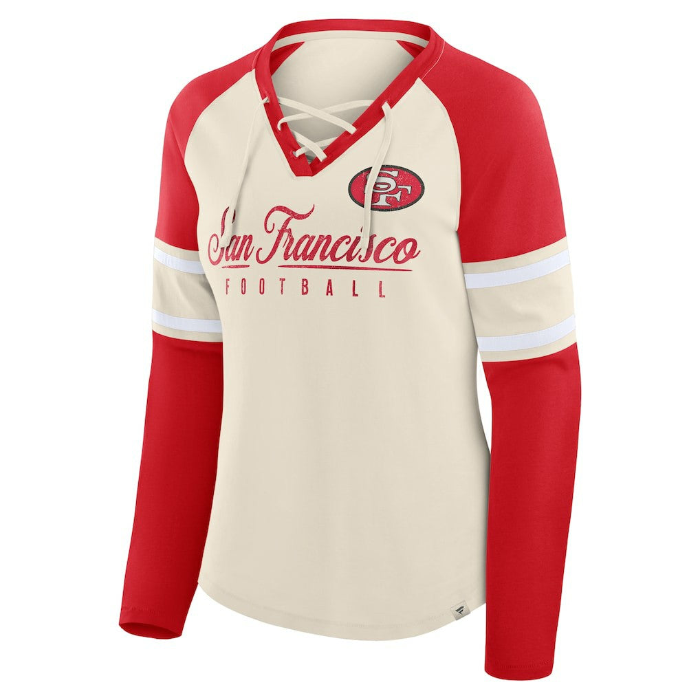 San Francisco 49ers Women's Hometown Gridiron Hero Raglan Lace-Up V-Neck Long Sleeve T-Shirt - Cream/Scarlet - Fanatics