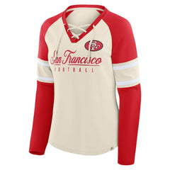 San Francisco 49ers Women's Hometown Gridiron Hero Raglan Lace-Up V-Neck Long Sleeve T-Shirt - Cream/Scarlet - Fanatics