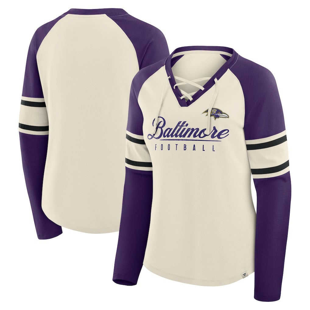 Baltimore Ravens Women's Hometown Gridiron Hero Raglan Lace-Up V-Neck Long Sleeve T-Shirt - Cream/Purple - Fanatics