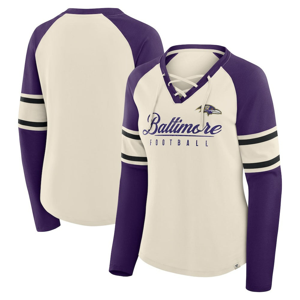 Baltimore Ravens Women's Hometown Gridiron Hero Raglan Lace-Up V-Neck Long Sleeve T-Shirt - Cream/Purple - Fanatics