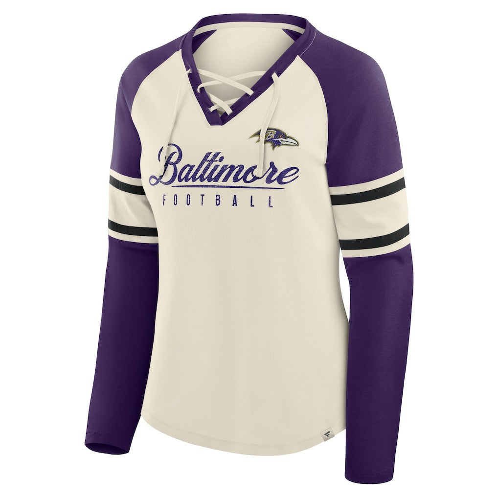 Baltimore Ravens Women's Hometown Gridiron Hero Raglan Lace-Up V-Neck Long Sleeve T-Shirt - Cream/Purple - Fanatics