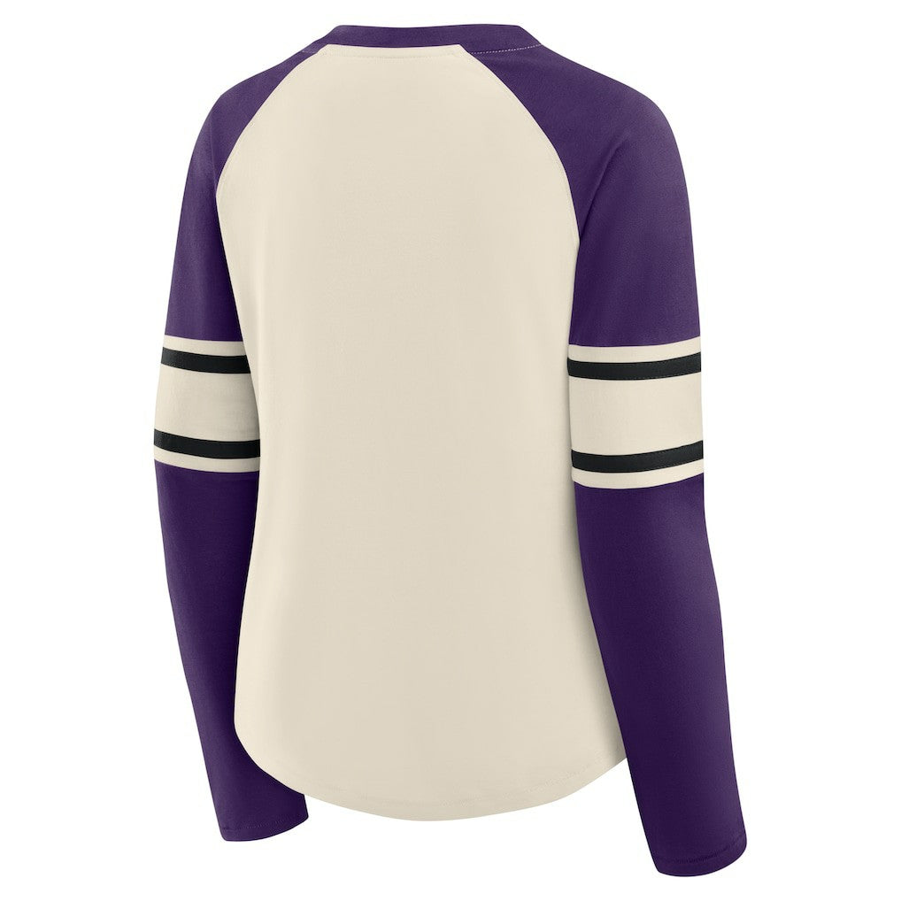 Baltimore Ravens Women's Hometown Gridiron Hero Raglan Lace-Up V-Neck Long Sleeve T-Shirt - Cream/Purple - Fanatics