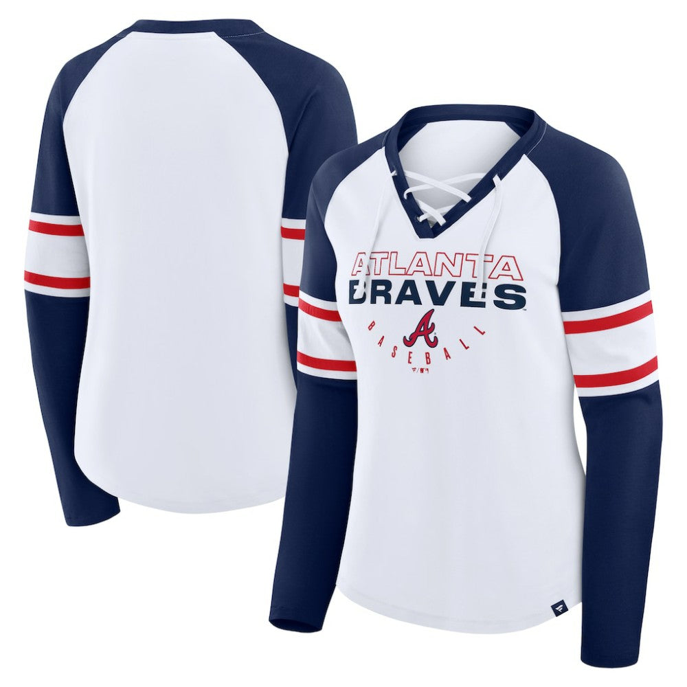 Atlanta Braves Fanatics Women's Blitz Package Raglan Lace-Up V-Neck Long Sleeve T-Shirt Outlet