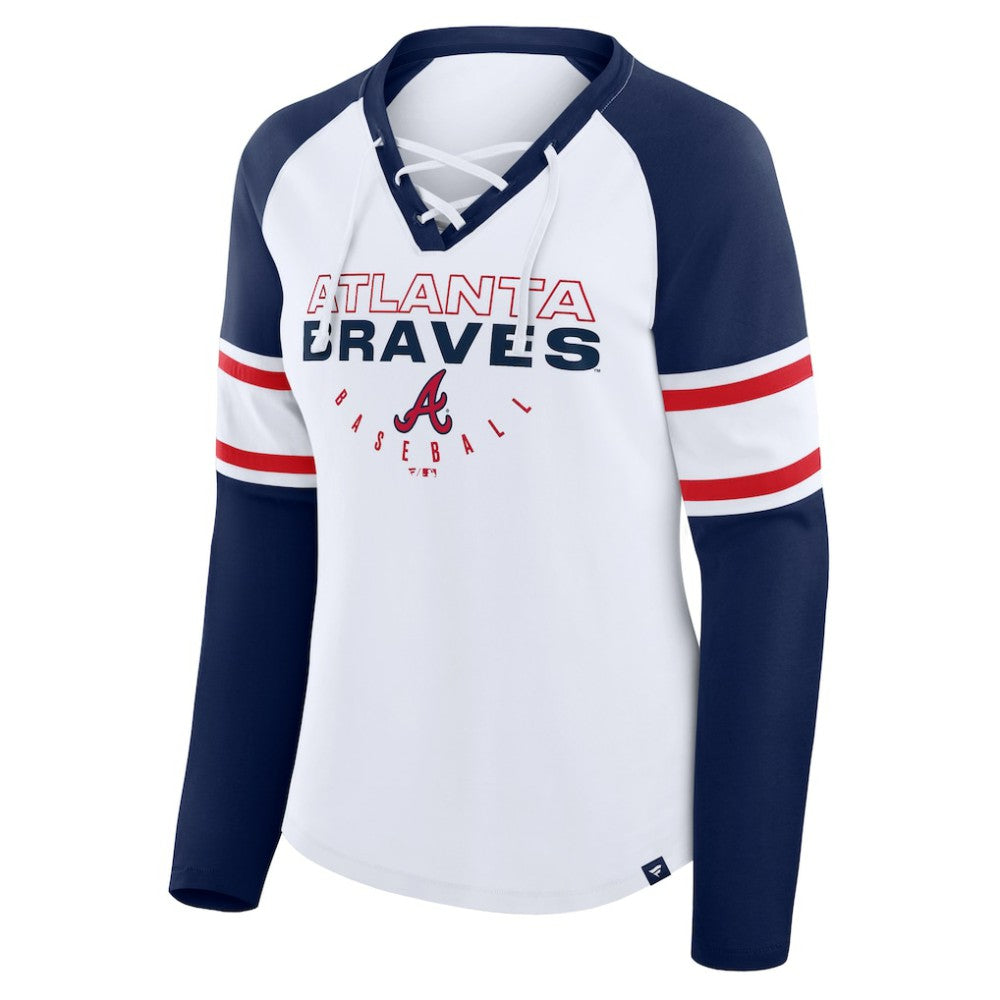 Atlanta Braves Fanatics Women's Blitz Package Raglan Lace-Up V-Neck Long Sleeve T-Shirt Outlet