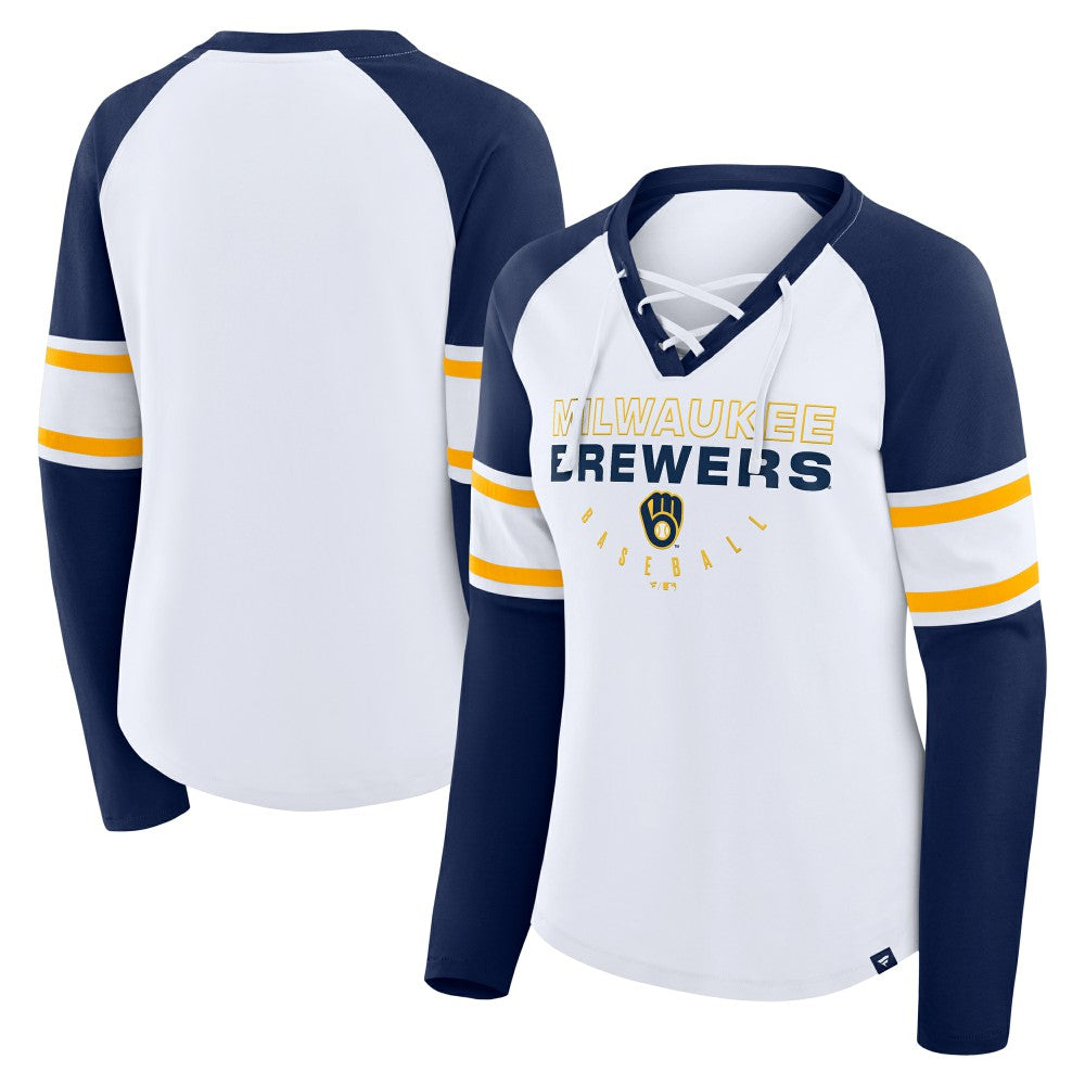 Milwaukee Brewers Fanatics Women's Blitz Package Raglan Lace-Up V-Neck Long Sleeve T-Shirt Online