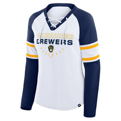 Milwaukee Brewers Fanatics Women's Blitz Package Raglan Lace-Up V-Neck Long Sleeve T-Shirt Online