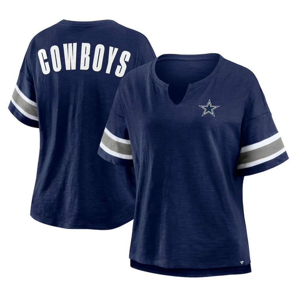 Dallas Cowboys Women's Redzone Bling Stripe Sleeve Notch Neck T-Shirt - Navy - Fanatics