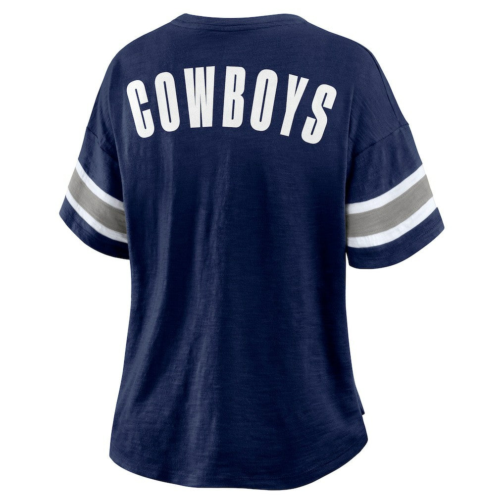 Dallas Cowboys Women's Redzone Bling Stripe Sleeve Notch Neck T-Shirt - Navy - Fanatics