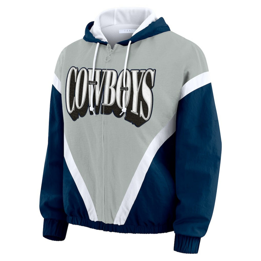 Dallas Cowboys WEAR by Erin Andrews Women's Plus Size Retro Crinkle Full-Zip Hoodie Windbreaker Jacket - Navy/Gray - NFL