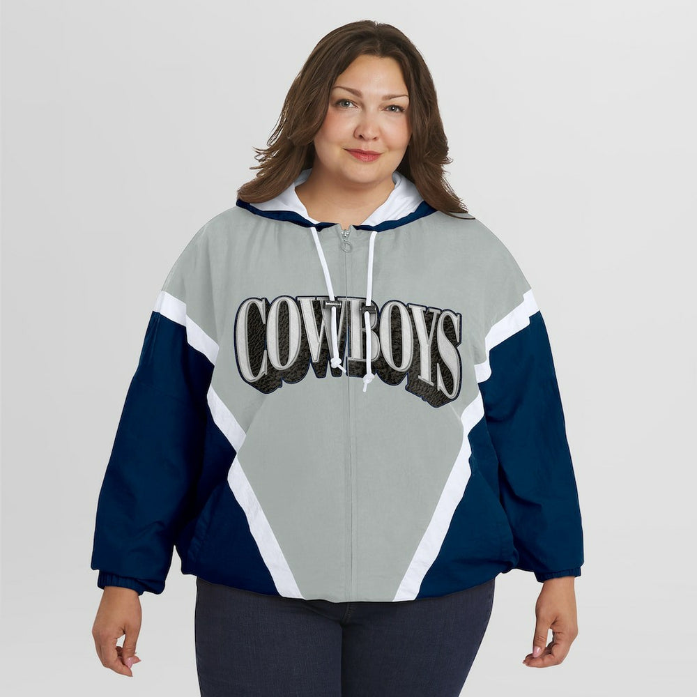 Dallas Cowboys WEAR by Erin Andrews Women's Plus Size Retro Crinkle Full-Zip Hoodie Windbreaker Jacket - Navy/Gray - NFL