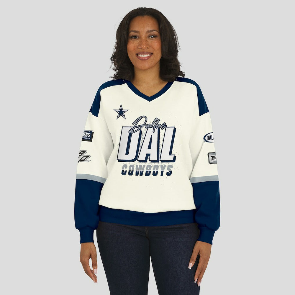Dallas Cowboys WEAR by Erin Andrews Women's Racing Crew V-Neck Sweatshirt - Cream - NFL