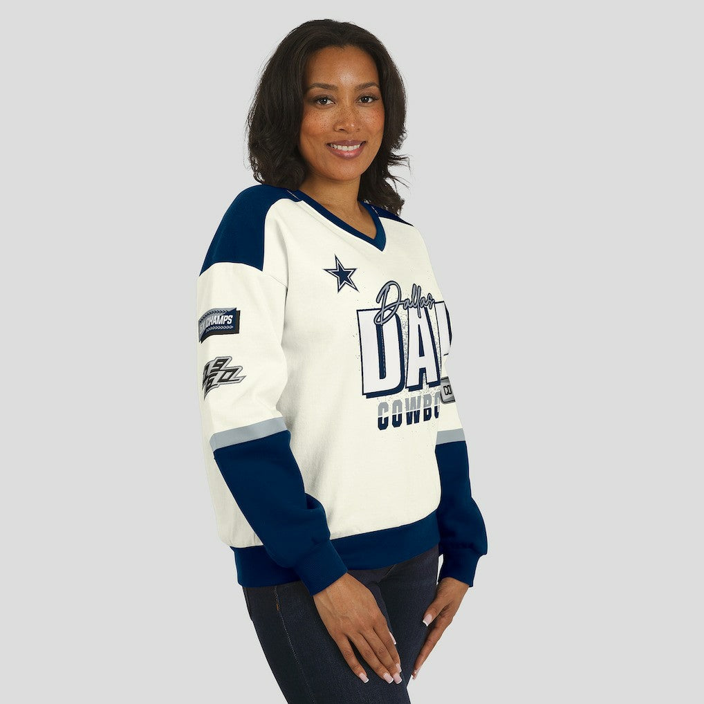 Dallas Cowboys WEAR by Erin Andrews Women's Racing Crew V-Neck Sweatshirt - Cream - NFL