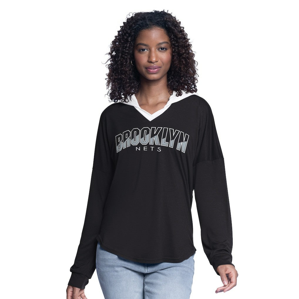 Brooklyn Nets G-III 4Her by Carl Banks Women's Bench Player Oversized Long Sleeve Hooded Top Black