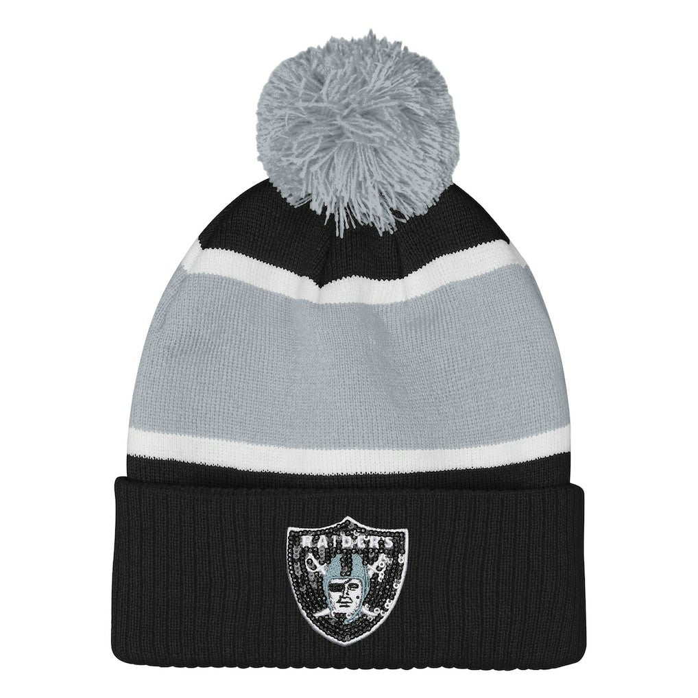Las Vegas Raiders Outerstuff Girls Let's Play Cuffed Knit Hat with Pom - Black - NFL