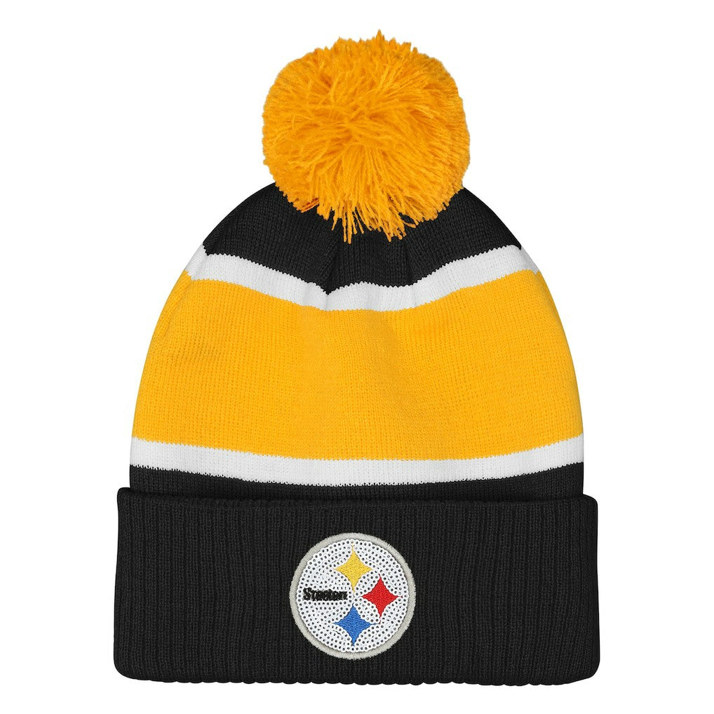 Pittsburgh Steelers Outerstuff Girls Let's Play Cuffed Knit Hat with Pom - Black - NFL