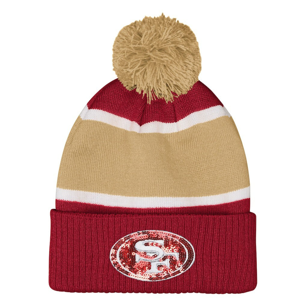 San Francisco 49ers Outerstuff Girls Let's Play Cuffed Knit Hat with Pom - Scarlet - NFL