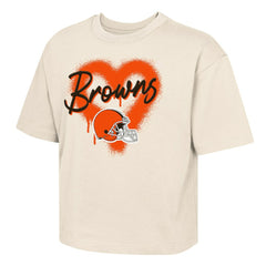 Cleveland Browns Outerstuff Girl's Youth Spray Heart Boxy T-Shirt - Cream - NFL