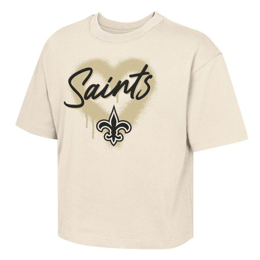 New Orleans Saints Outerstuff Girl's Youth Spray Heart Boxy T-Shirt - Cream - NFL