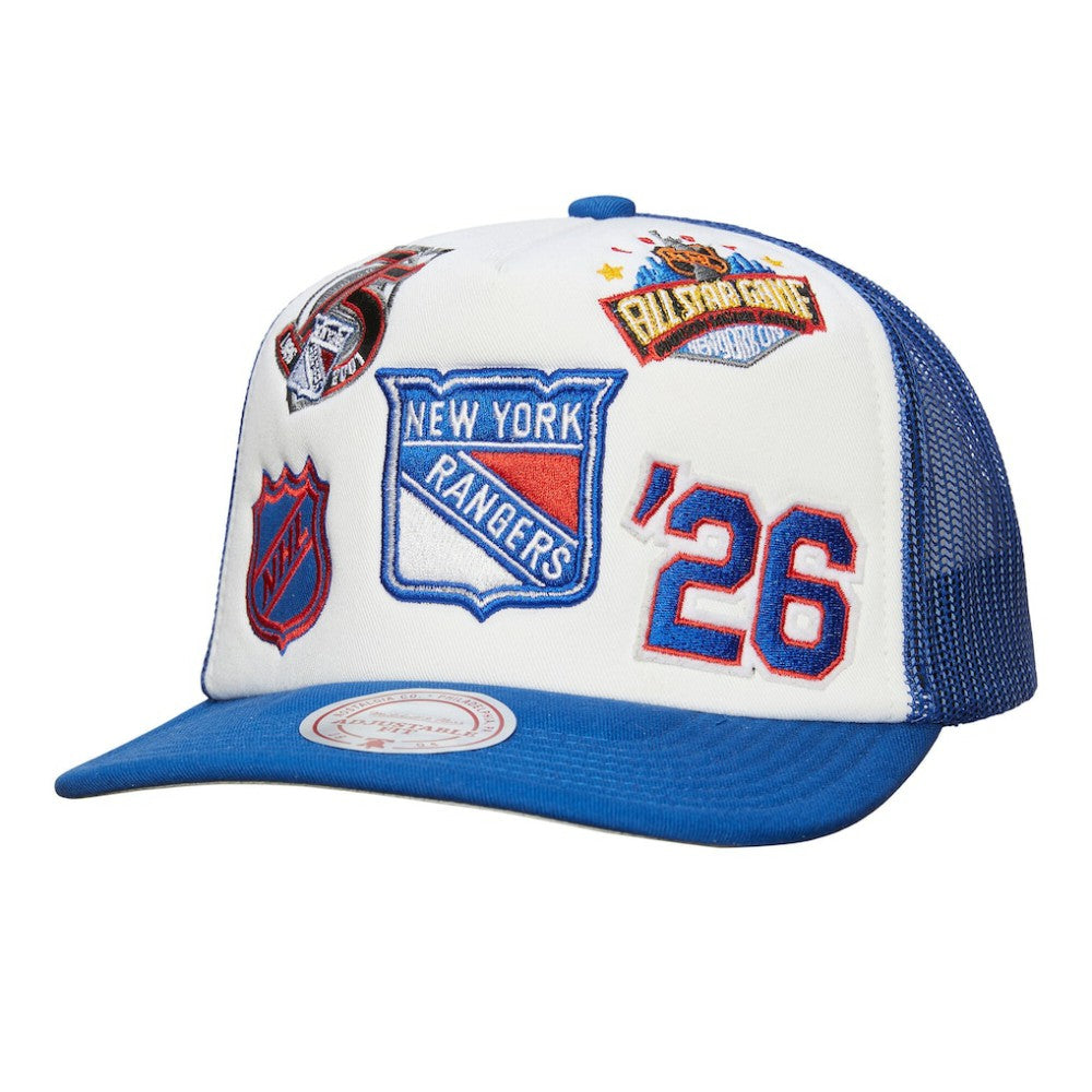 New York Rangers Mitchell & Ness Gridlock Trucker Adjustable Hat - White/Blue | NHL Lifestyle