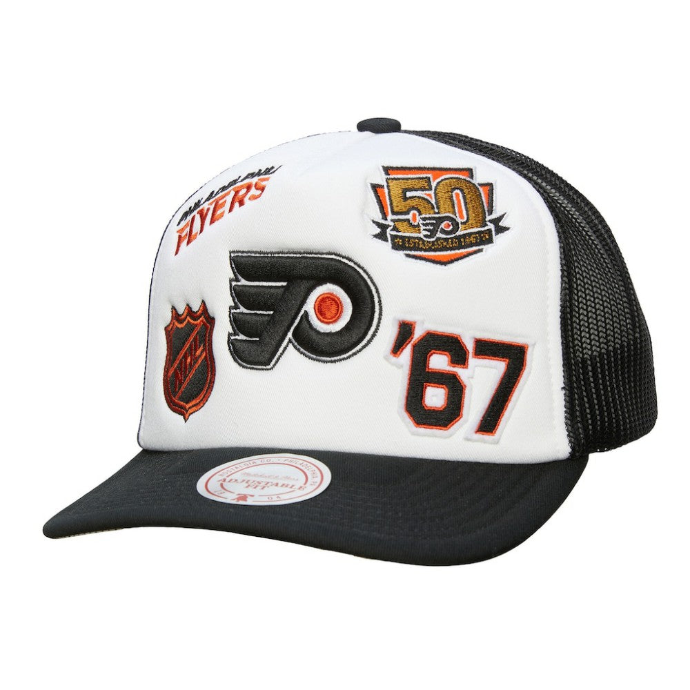 Philadelphia Flyers Mitchell & Ness Gridlock Trucker Adjustable Hat - White/Black | NHL Clearance