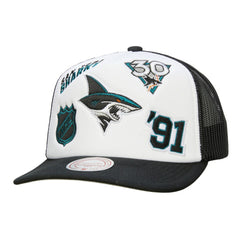 San Jose Sharks Mitchell & Ness Gridlock Trucker Adjustable Hat - White/Black | NHL Lifestyle