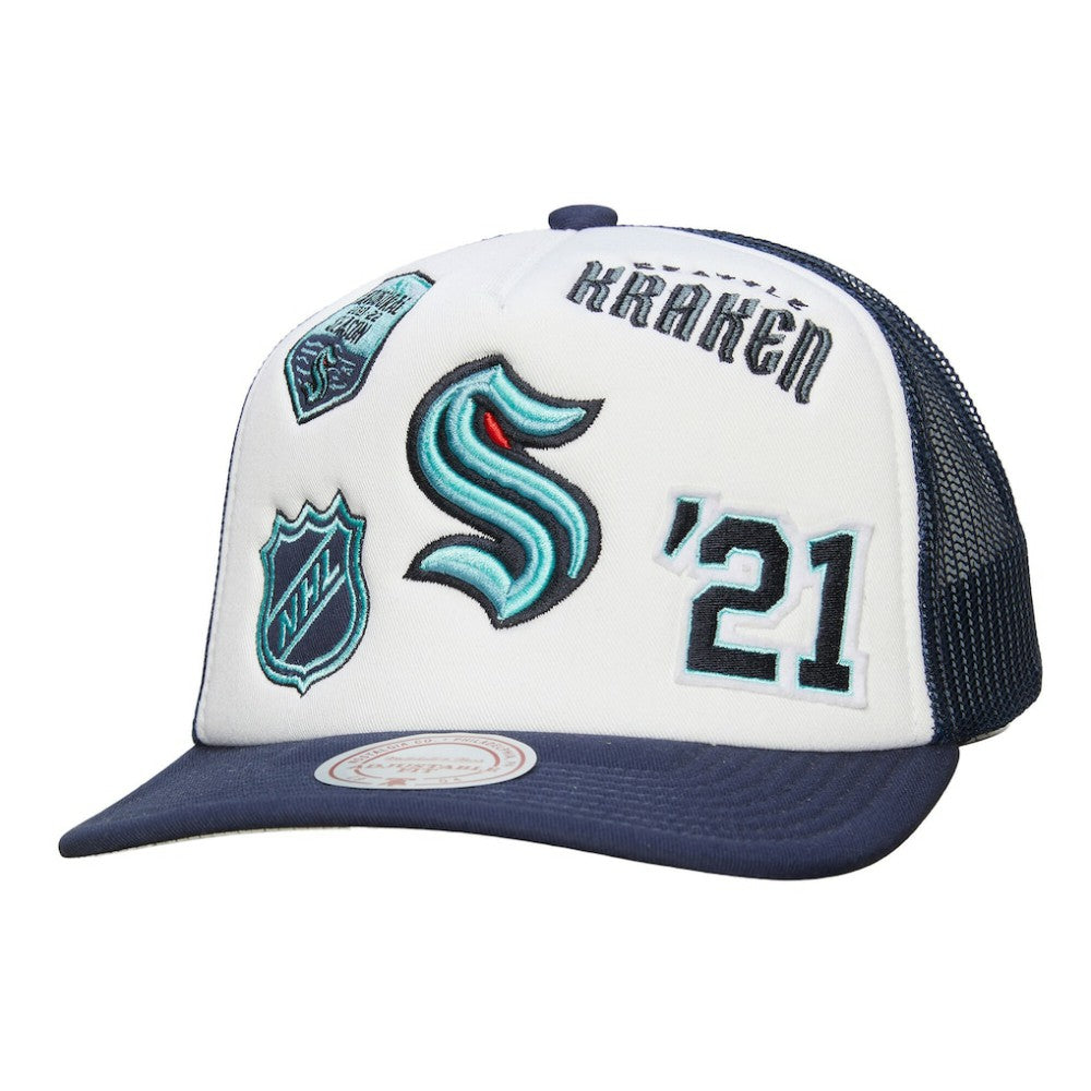 Seattle Kraken Mitchell & Ness Gridlock Trucker Adjustable Hat - White/Deep Sea Blue | NHL online