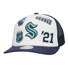 Seattle Kraken Mitchell & Ness Gridlock Trucker Adjustable Hat - White/Deep Sea Blue | NHL online