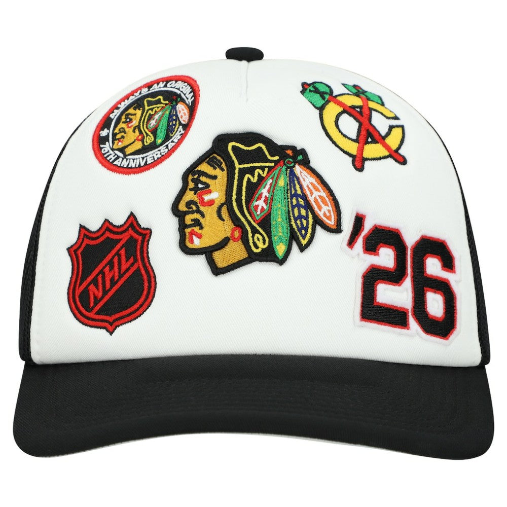 Chicago Blackhawks Mitchell & Ness Gridlock Trucker Adjustable Hat - White/Black | NHL sale