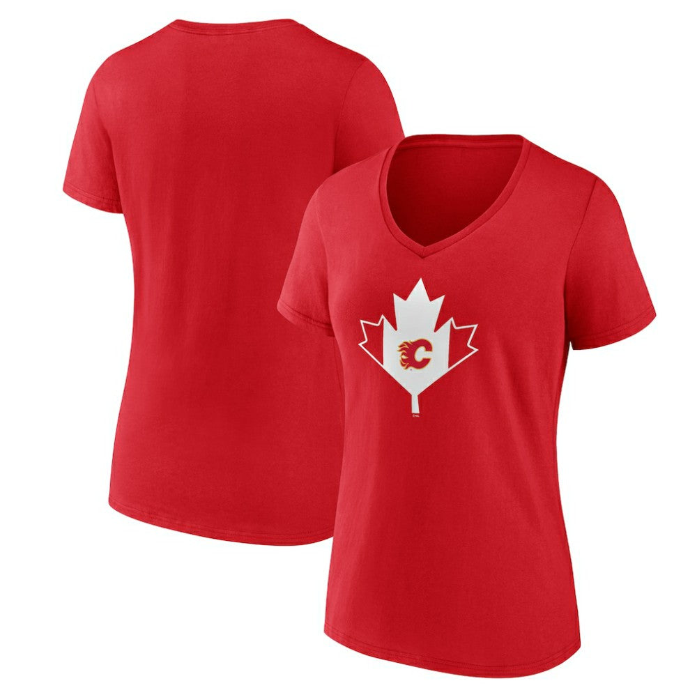 Calgary Flames Women's Canada Day V-Neck T-Shirt - Red | NHL Clearance