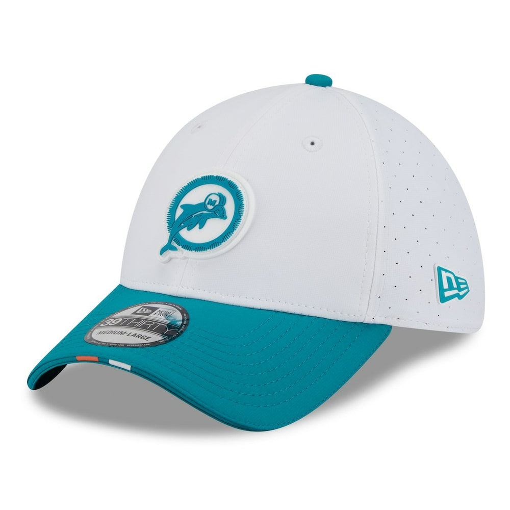 Miami Dolphins New Era 2025 NFL Training Camp Throwback Logo 39THIRTY Flex Hat - White/Aqua - NFL