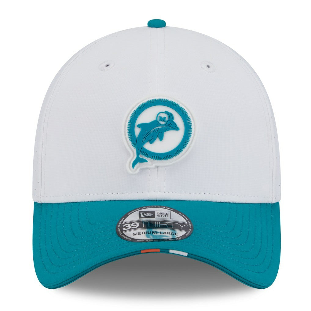 Miami Dolphins New Era 2025 NFL Training Camp Throwback Logo 39THIRTY Flex Hat - White/Aqua - NFL