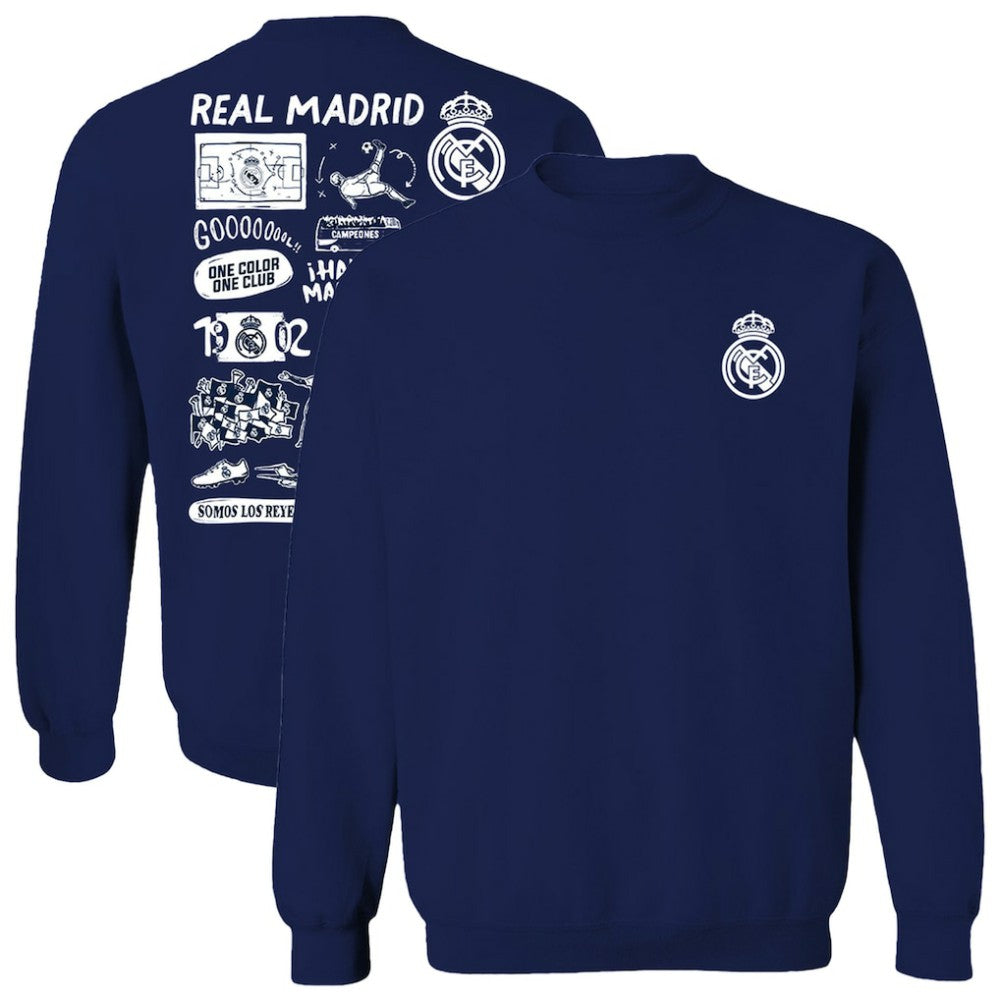 Real Madrid Vive La Fete Women's Impressions Artwork Pullover Sweatshirt Navy