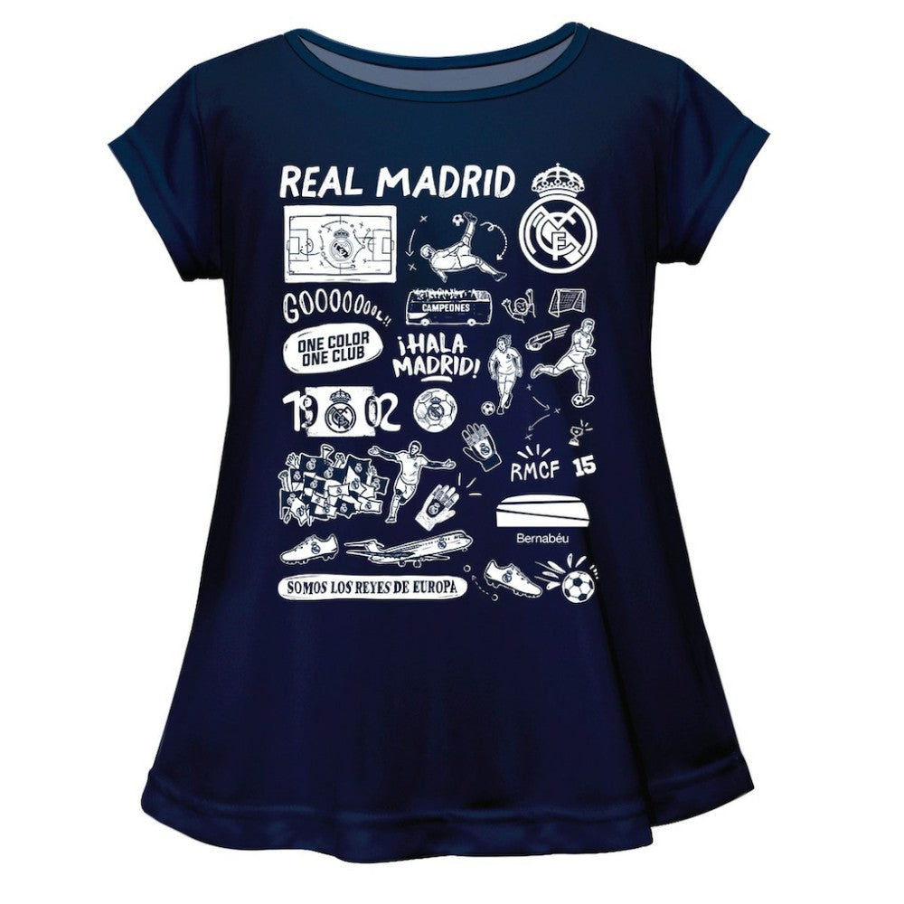 Real Madrid Vive La Fete Girls Youth Impressions Artwork A-Line Top Navy