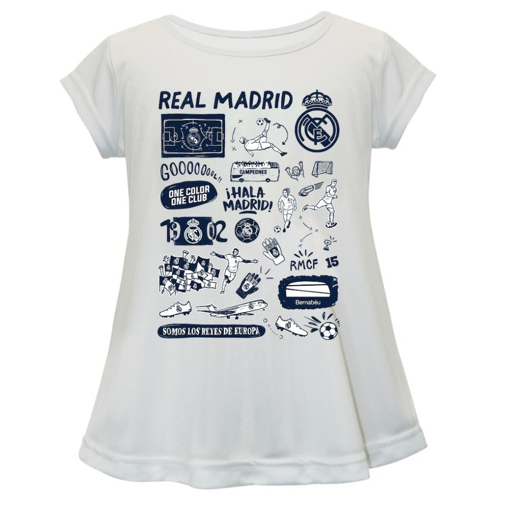 Real Madrid Vive La Fete Girls Youth Impressions Artwork A-Line Top White
