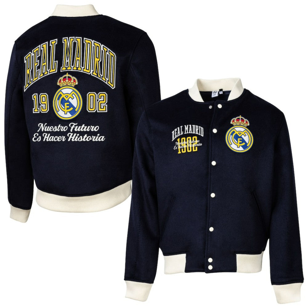 Real Madrid Sport Design Sweden Free Kick Wool Varsity Jacket Navy