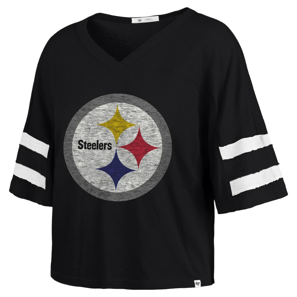 Pittsburgh Steelers '47 Women's Premier Scout Cropped V-Neck T-Shirt - Black - 47 brand