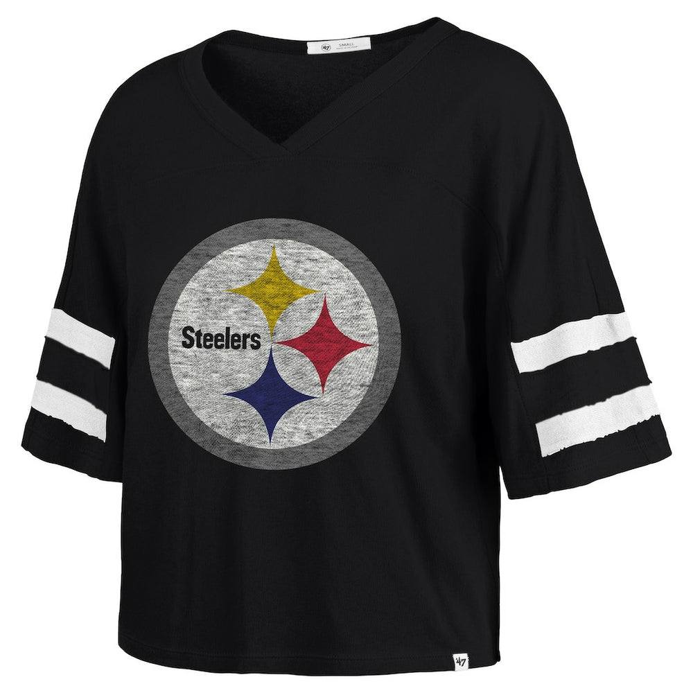 Pittsburgh Steelers '47 Women's Premier Scout Cropped V-Neck T-Shirt - Black - 47 brand