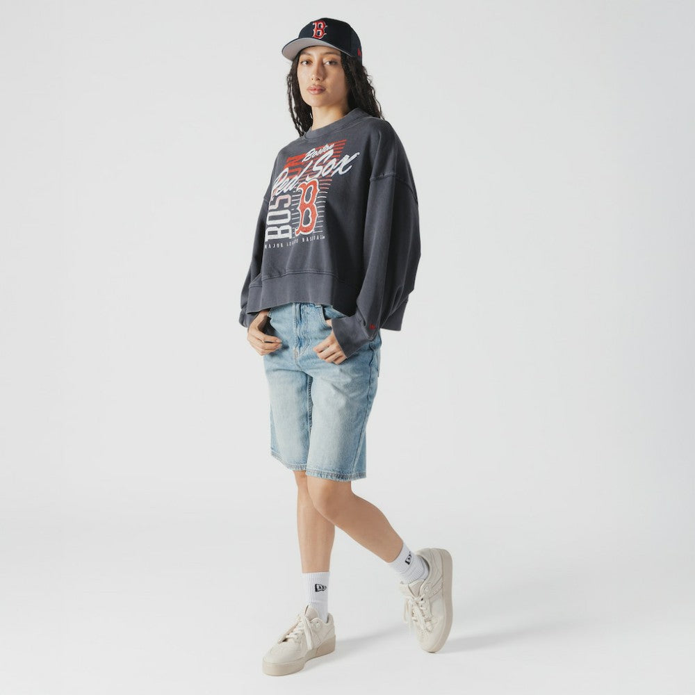 Boston Red Sox New Era Women's Boxy Mineral Wash Dolmen Sleeve Cropped Sweatshirt Discount