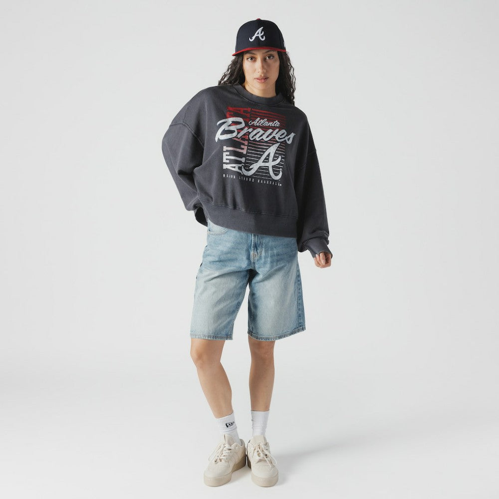 Atlanta Braves New Era Women's Boxy Mineral Wash Dolmen Sleeve Cropped Sweatshirt Outlet