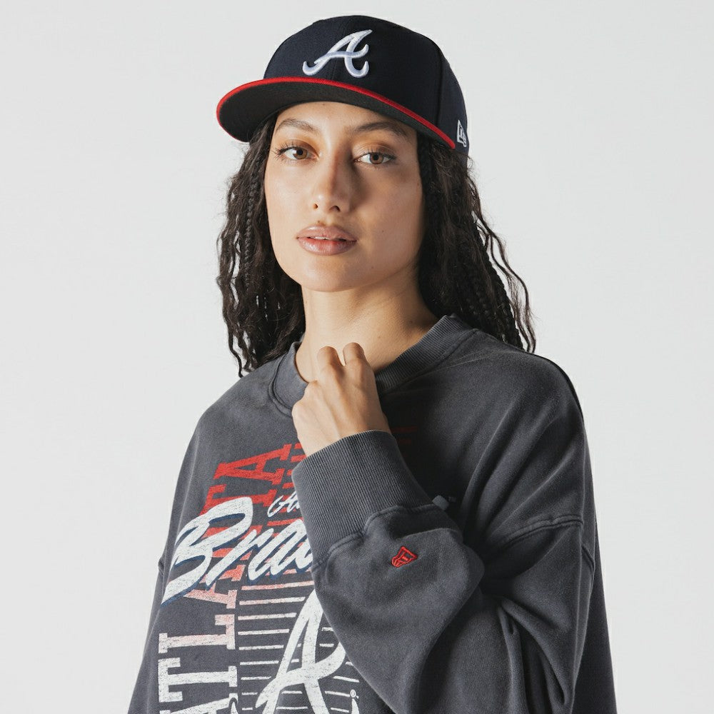 Atlanta Braves New Era Women's Boxy Mineral Wash Dolmen Sleeve Cropped Sweatshirt Outlet