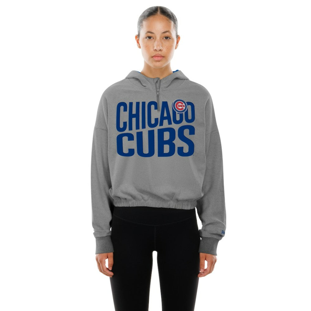 Chicago Cubs New Era Women's Reversed Out French Terry Quarter-Zip Banded Crop Hoodie Outlet