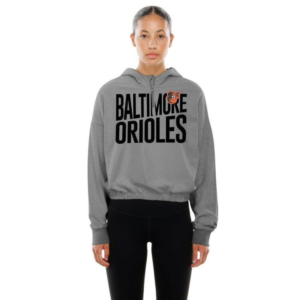 Baltimore Orioles New Era Women's Reversed Out French Terry Quarter-Zip Banded Crop Hoodie Outlet