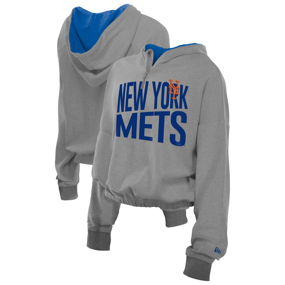 New York Mets New Era Women's Reversed Out French Terry Quarter-Zip Banded Crop Hoodie Outlet
