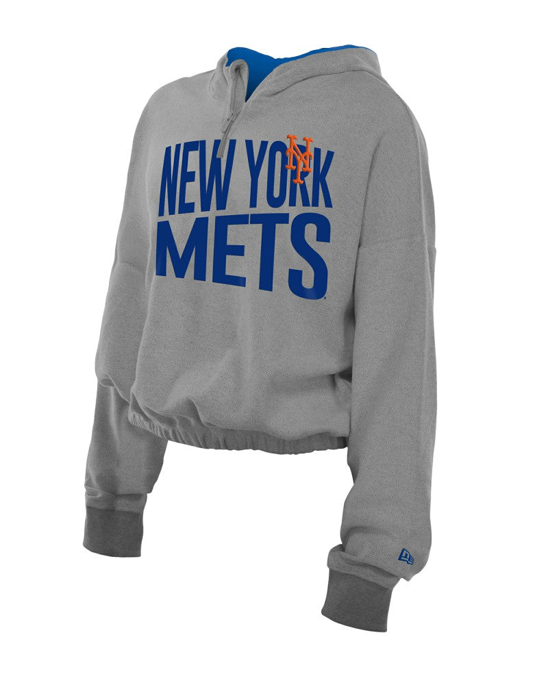 New York Mets New Era Women's Reversed Out French Terry Quarter-Zip Banded Crop Hoodie Outlet