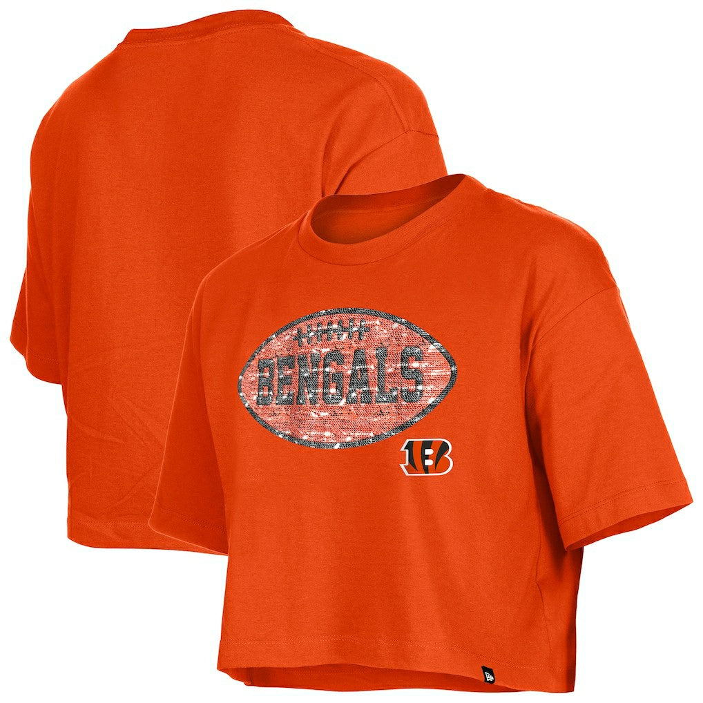 Cincinnati Bengals New Era Girl's Flip Sequin Boxy T-Shirt - Orange - NFL