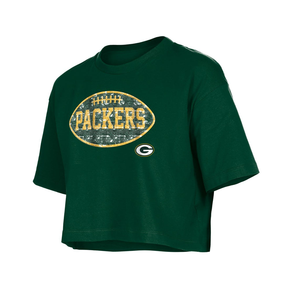 Green Bay Packers New Era Girl's Flip Sequin Boxy T-Shirt - Green - NFL