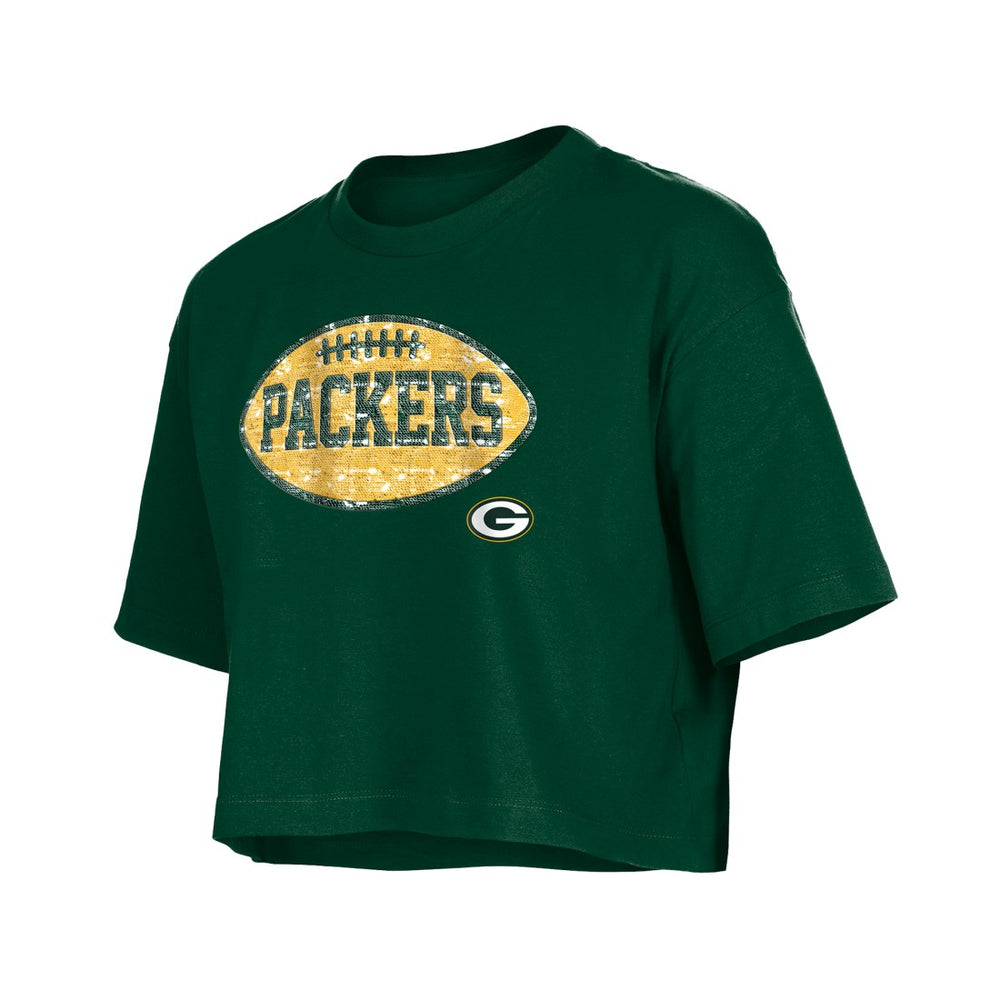 Green Bay Packers New Era Girl's Flip Sequin Boxy T-Shirt - Green - NFL