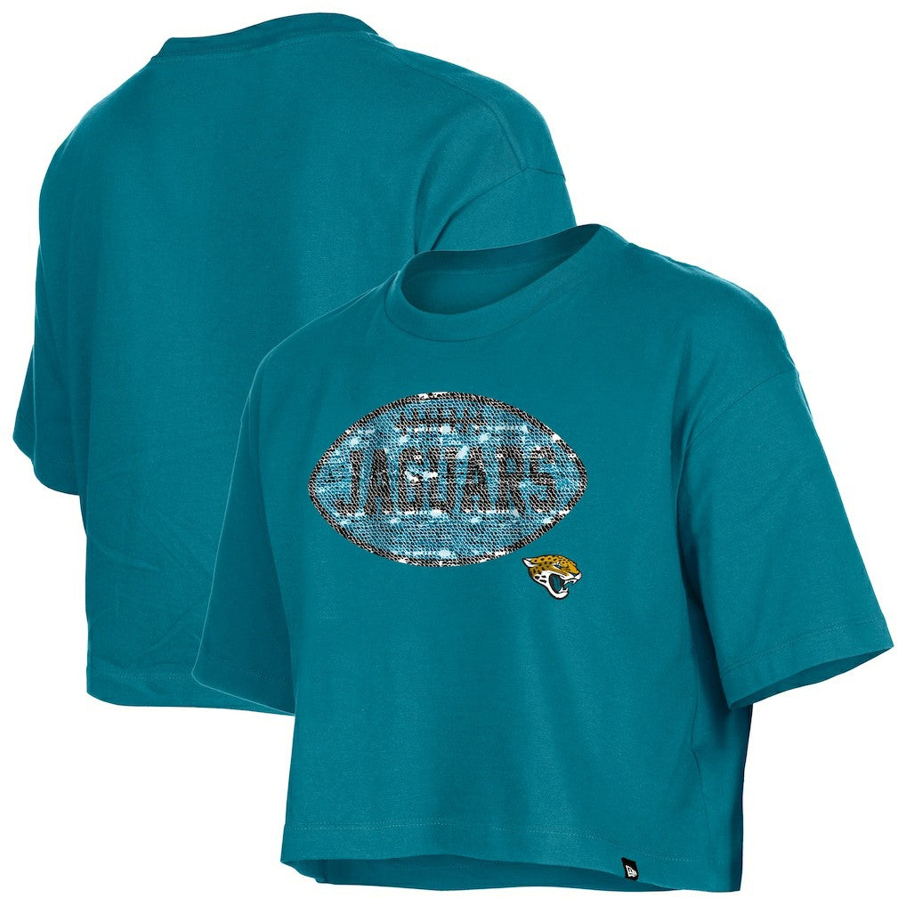 Jacksonville Jaguars New Era Girl's Flip Sequin Boxy T-Shirt - Teal - NFL